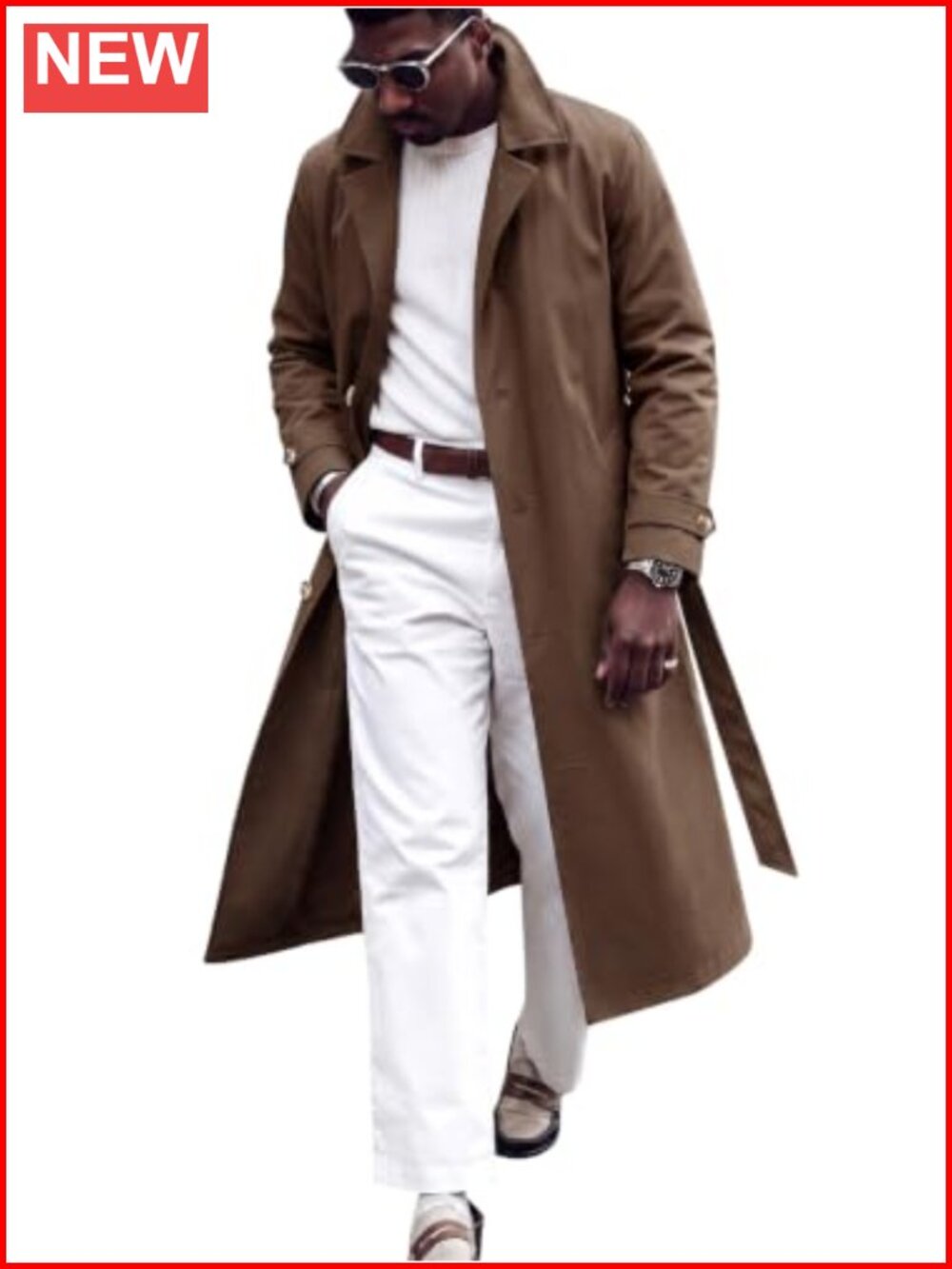Men's Single Breasted Notch Lapel Belted Long Trench Coat